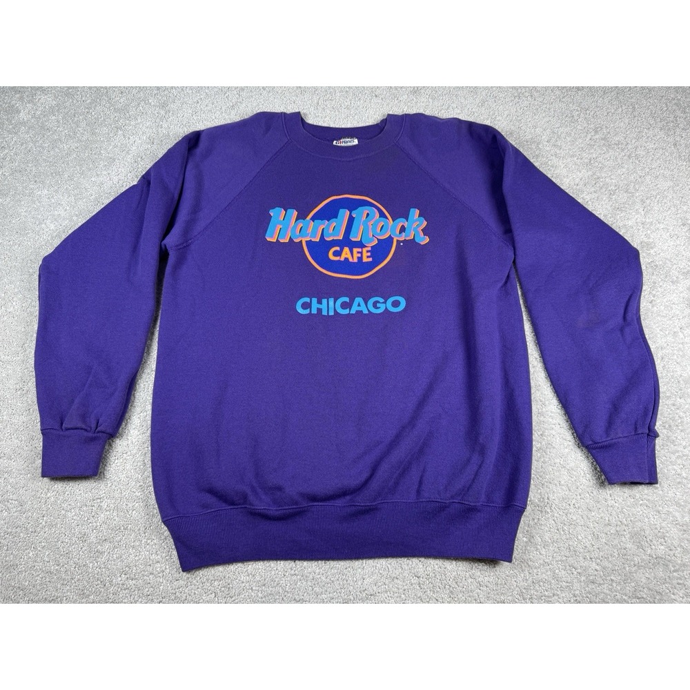Hard Rock Cafe Chicago Sweatshirt Size L 42 44 Purple Vtg 90s Hanes USA Crewneck